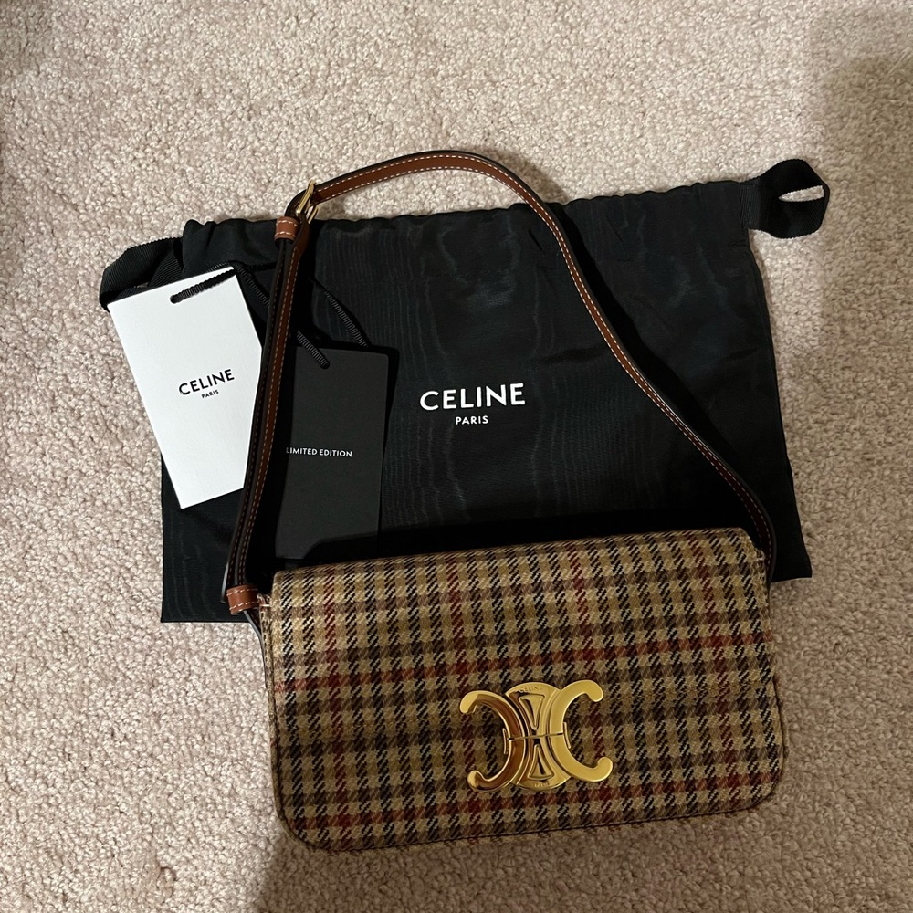 Brand New Celine Brown Multicolor Tweed Calfskin Triomphe Shoulder Bag